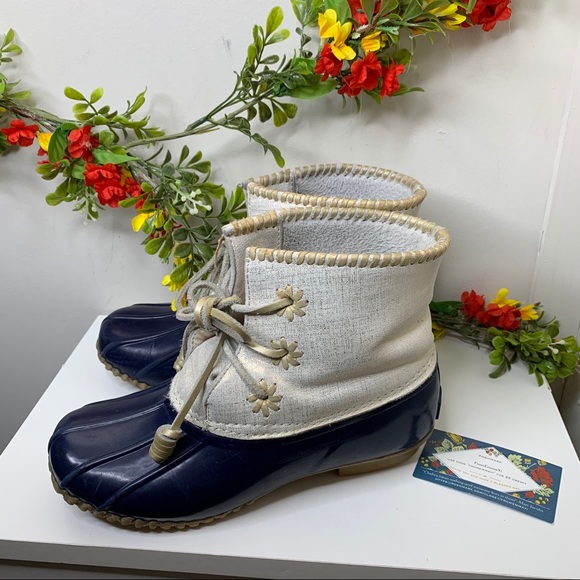 SOLD❌Jack Rogers Gold Blue Chloe Duck Boots - Picture 1 of 8